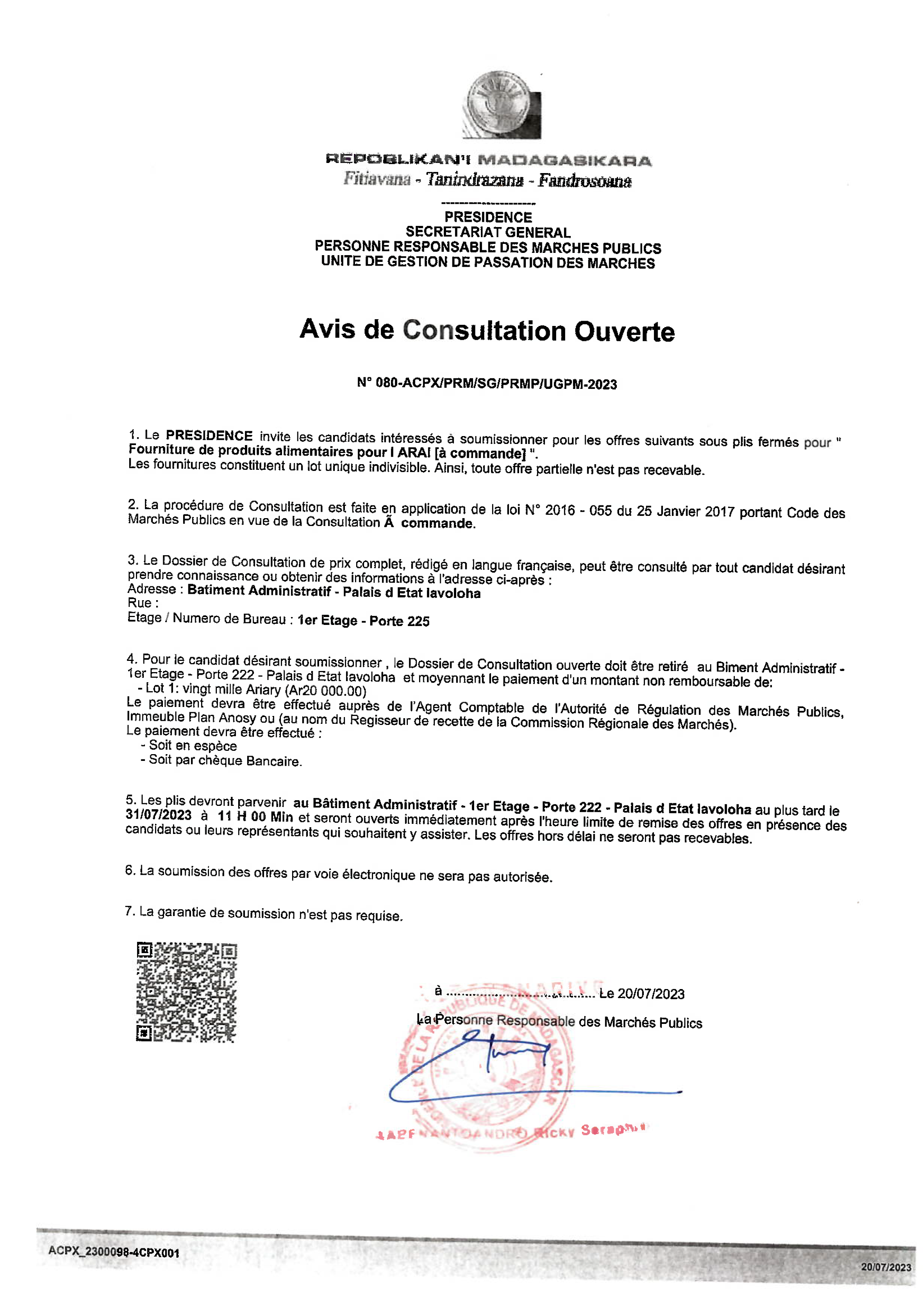 Avis de Consultation - Fourniture de produits alimentaires