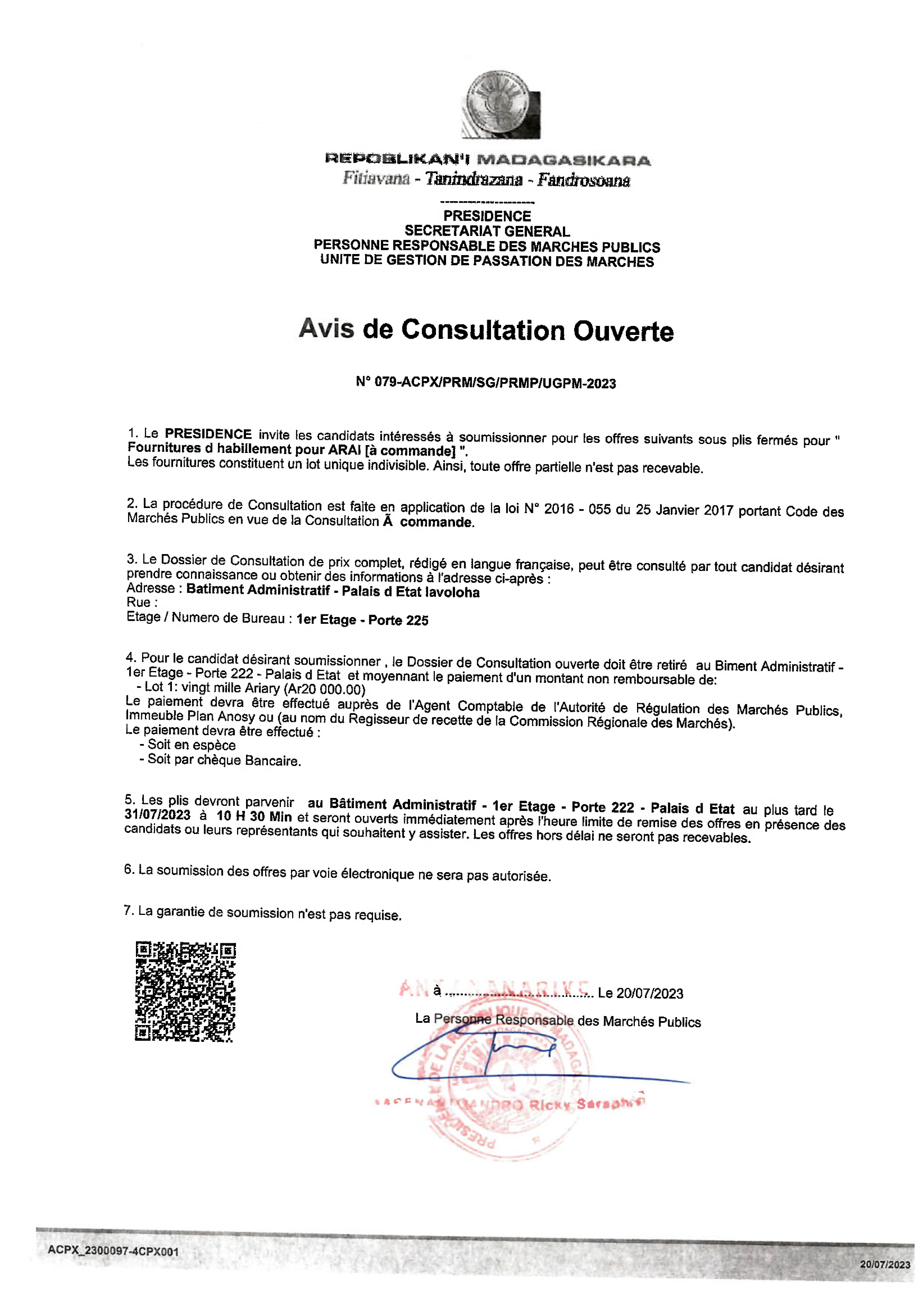 Avis de Consultation -Fourniture d'habillement pour ARAI