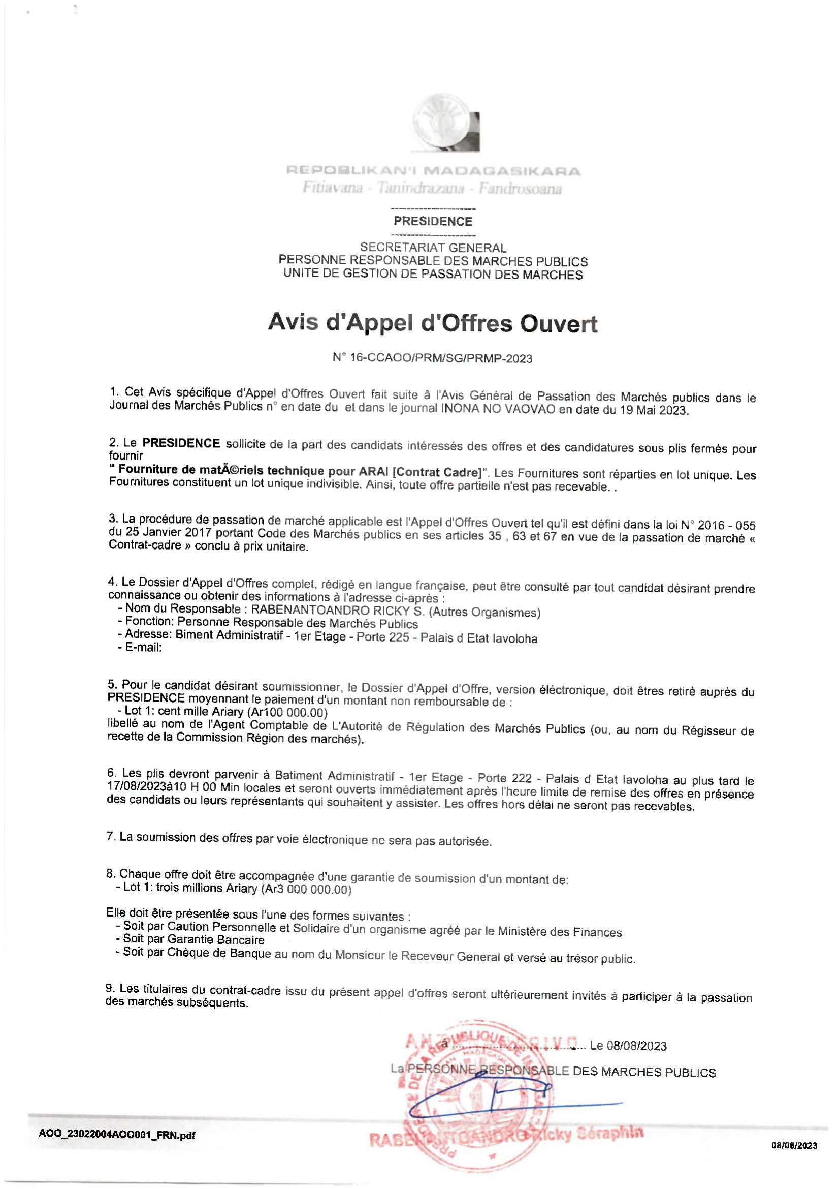 Avis de Consultation - Fourniture de produits alimentaires