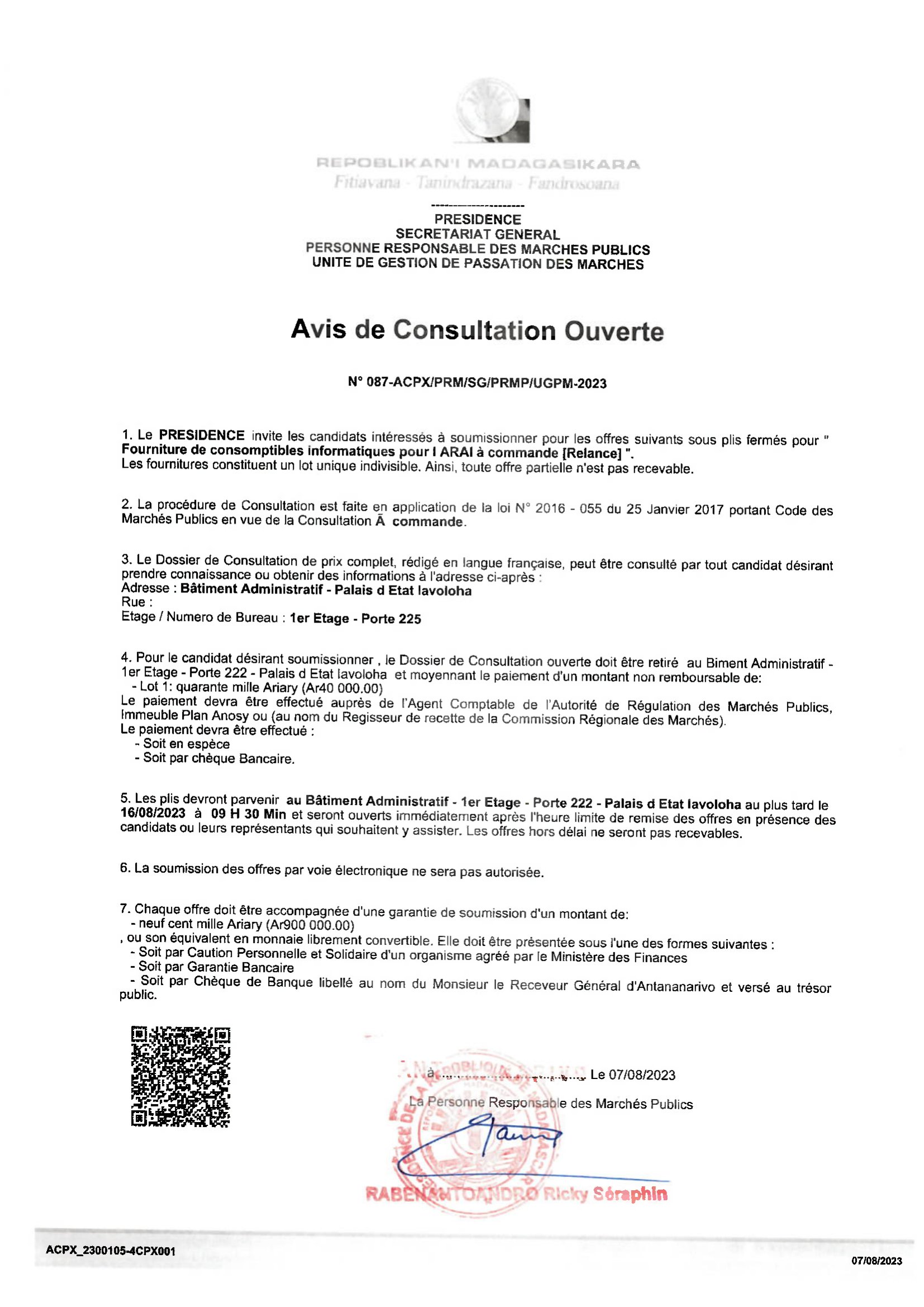 Avis de Consultation - Fourniture de consomptibles informatiques pour l'ARAI à commande [Relance]