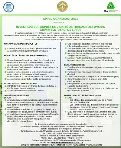 Investigateur auprès de l’Unité de Traçage des Avoirs Criminels (UTAC)