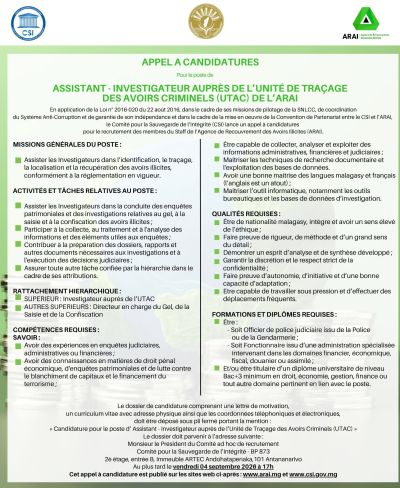 Assistant-Investigateur auprès de l’Unité de Traçage des Avoirs Criminels (UTAC)